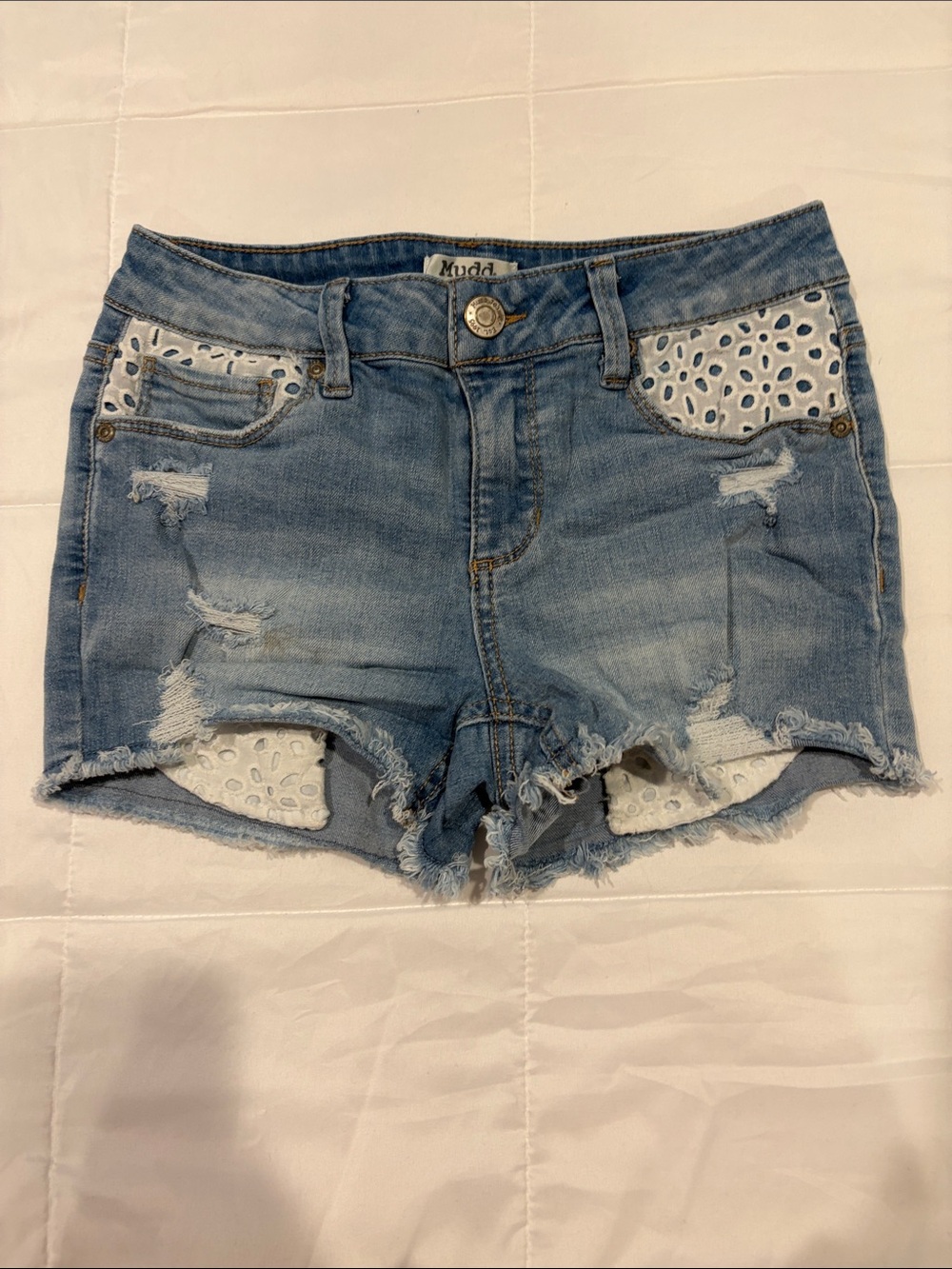Mudd Light Blue Distressed Denim Shorts with White Eyelet Inset